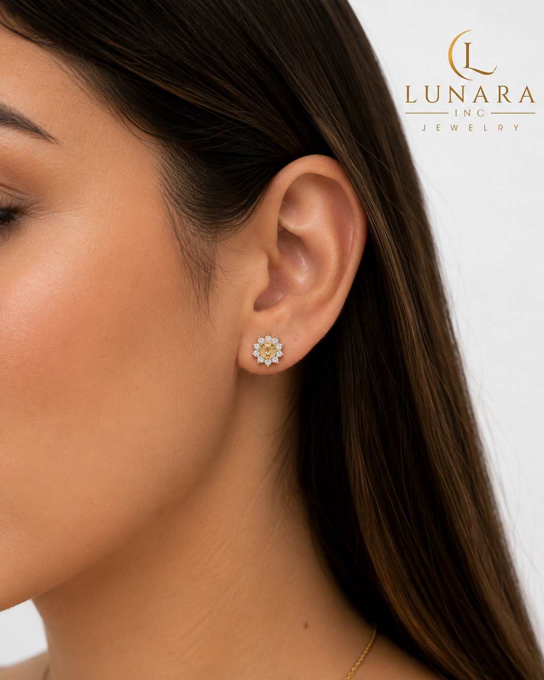 Virgin Mary Halo Stud Earrings | Gold Tone & Clear CZ