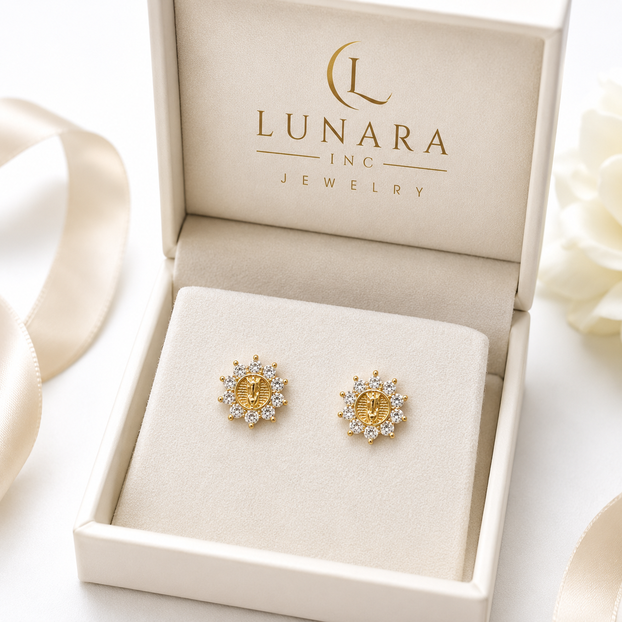 Virgin Mary Halo Stud Earrings | Gold Tone & Clear CZ