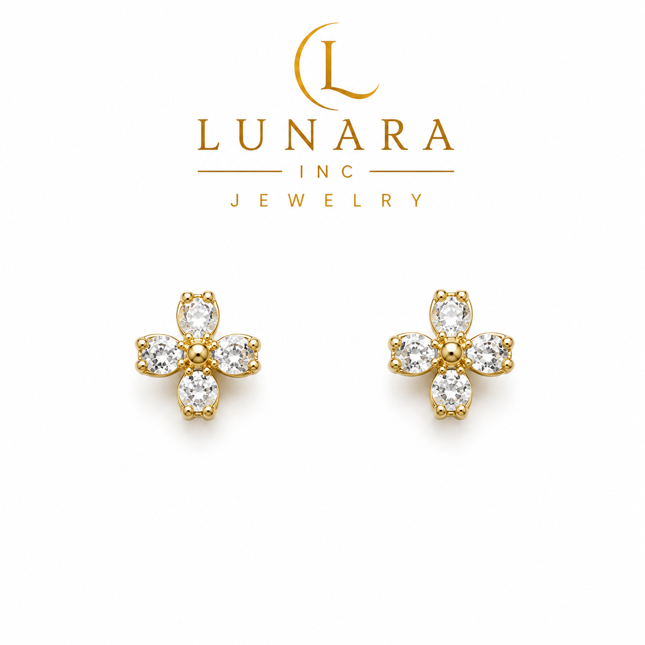 Mini Four-Petal CZ Flower Stud Earrings | Gold Tone