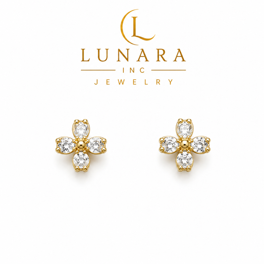Mini Four-Petal CZ Flower Stud Earrings | Gold Tone