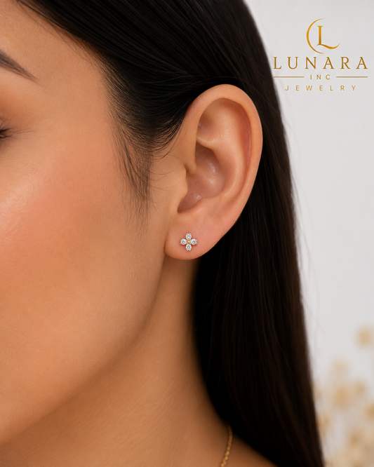 Mini Four-Petal CZ Flower Stud Earrings | Gold Tone