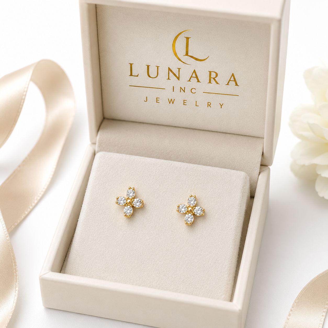 Mini Four-Petal CZ Flower Stud Earrings | Gold Tone