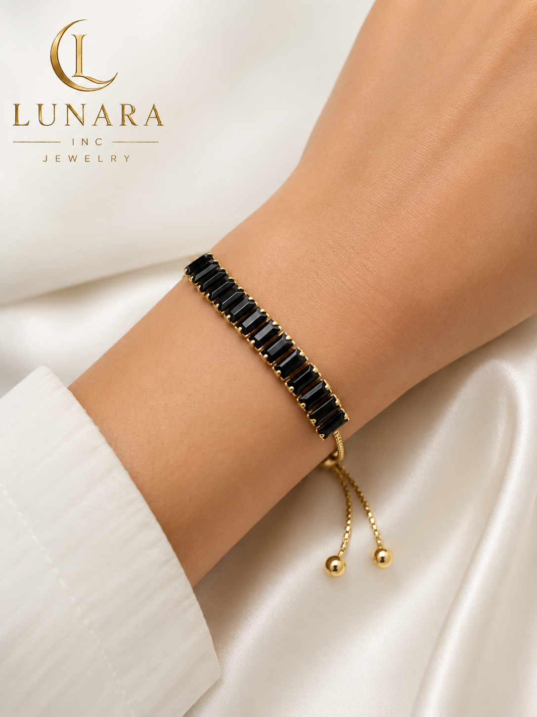 Lunara Black Baguette Adjustable Bracelet – Gold Tone