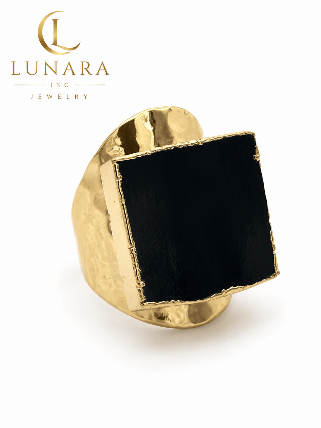 Lunara Open Size Black Statement Ring – Gold Tone
