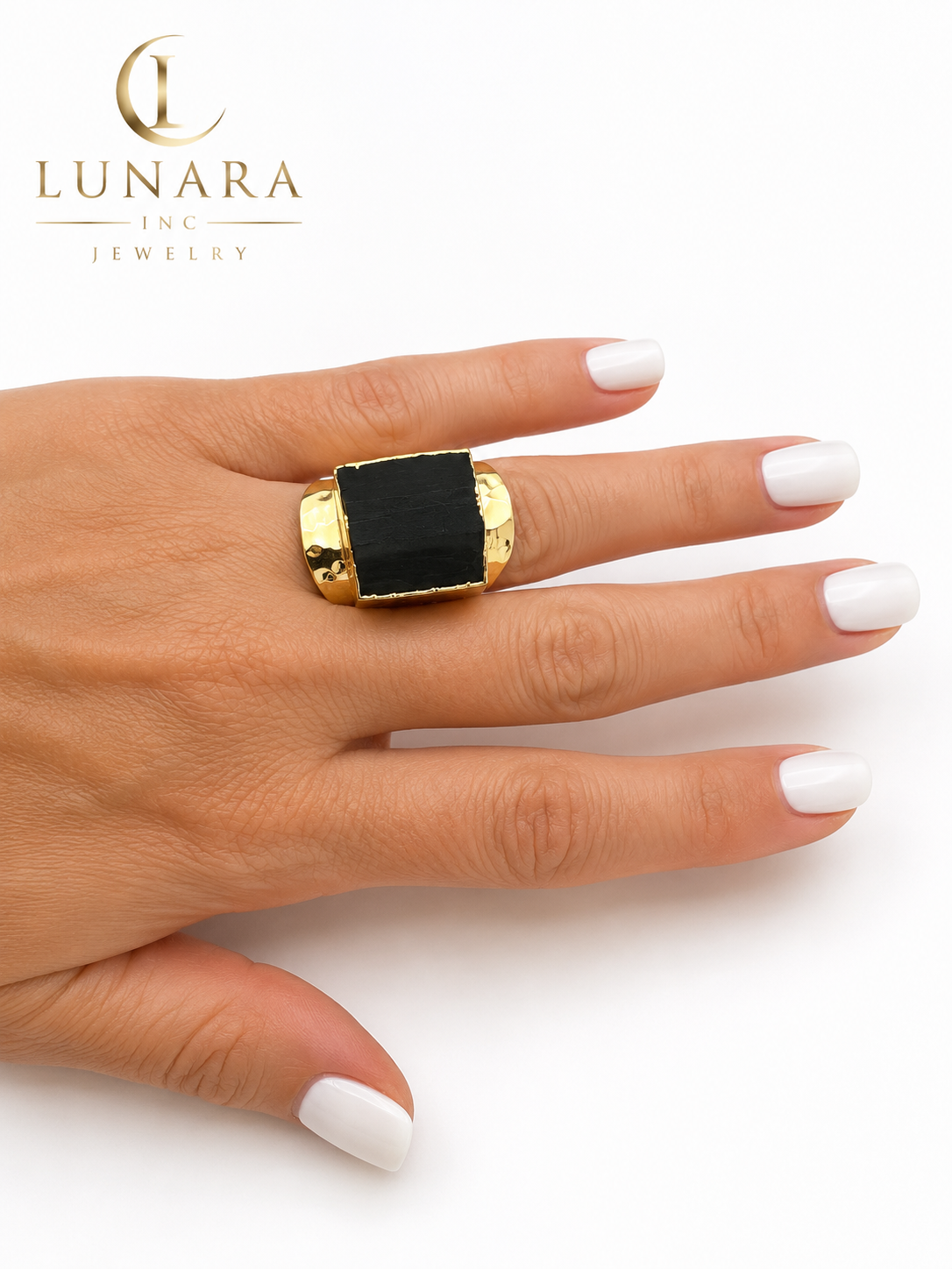 Lunara Open Size Black Statement Ring – Gold Tone