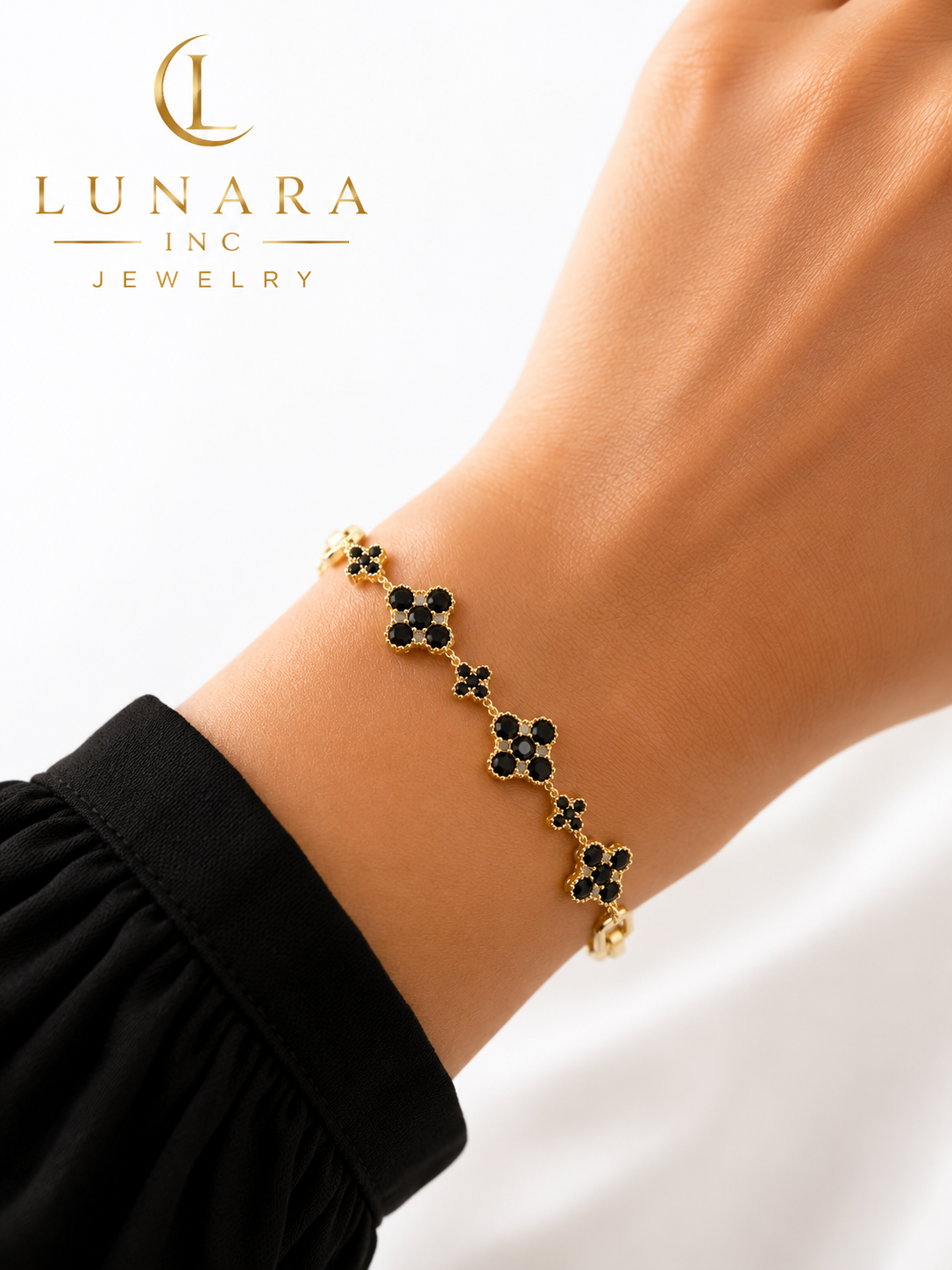 Lunara Black Clover Bracelet – Gold Plated Crystal Station Bracelet