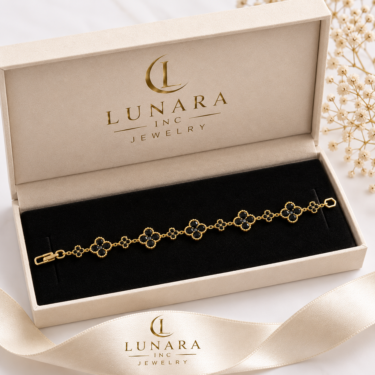 Lunara Black Clover Bracelet – Gold Plated Crystal Station Bracelet
