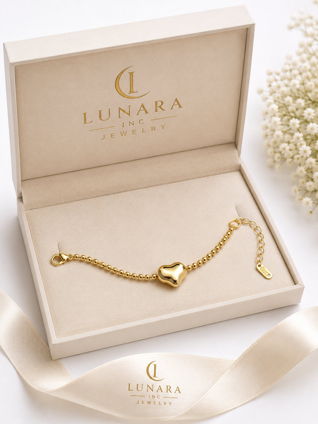 Lunara Golden Heart Bracelet – Minimalist Gold Beaded Chain