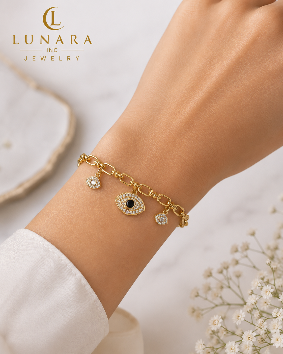 Lunara Evil Eye Charm Bracelet – Gold Link Chain with Clear Crystal Charms