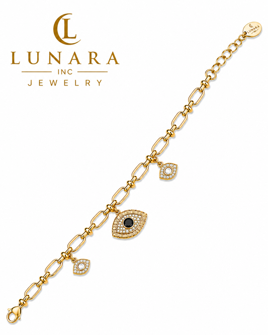 Lunara Evil Eye Charm Bracelet – Gold Link Chain with Clear Crystal Charms