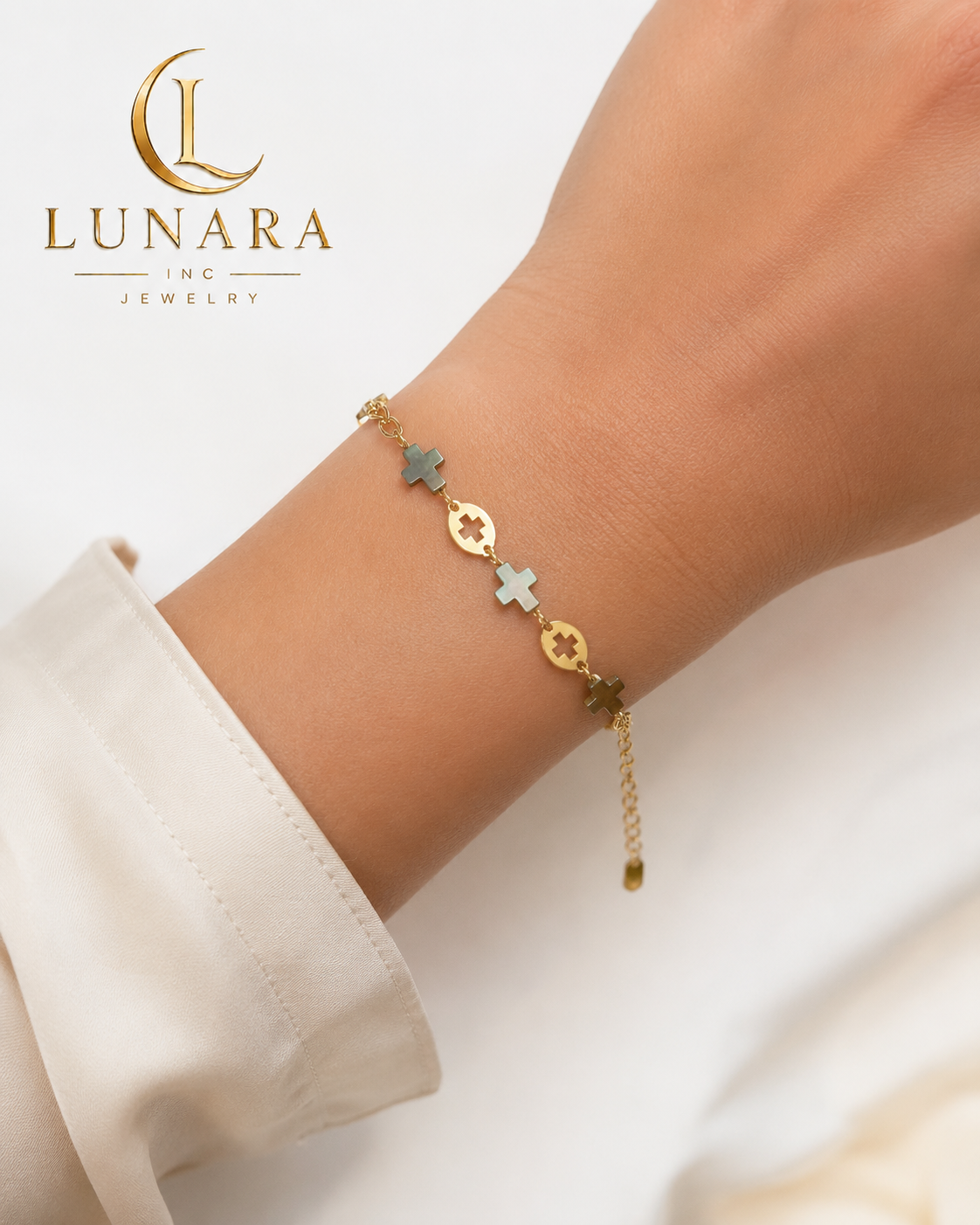 Mother of Pearl Cross Bracelet – Gold Stainless Steel