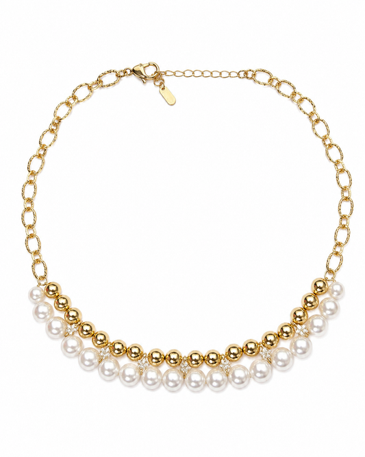 Elegant Gold & Pearl Statement Necklace with Crystal Accents