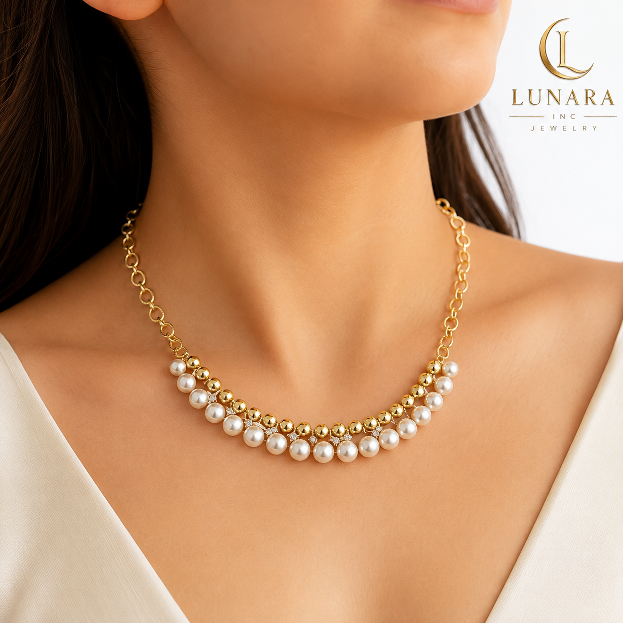 Elegant Gold & Pearl Statement Necklace with Crystal Accents