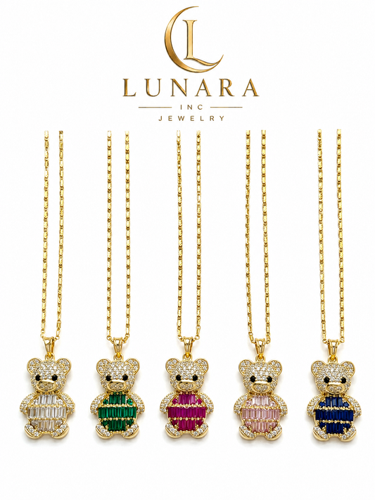 Lunara Crystal Teddy Bear Pendant Necklace Collection – Gold Tone (5 Colors)