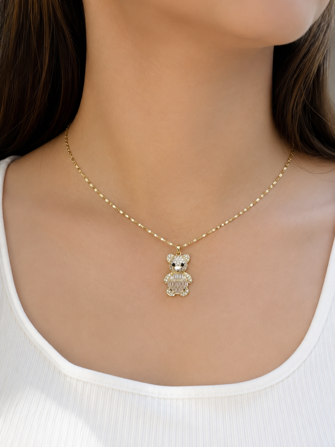 Lunara Crystal Teddy Bear Pendant Necklace Collection – Gold Tone (5 Colors)
