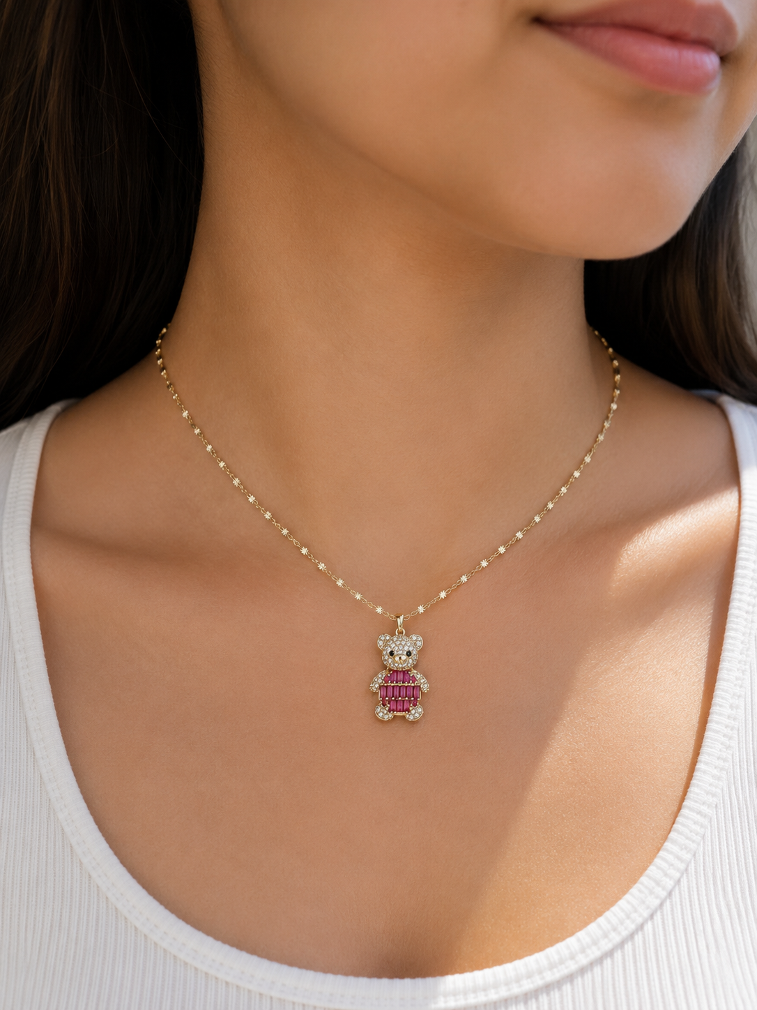 Lunara Crystal Teddy Bear Pendant Necklace Collection – Gold Tone (5 Colors)