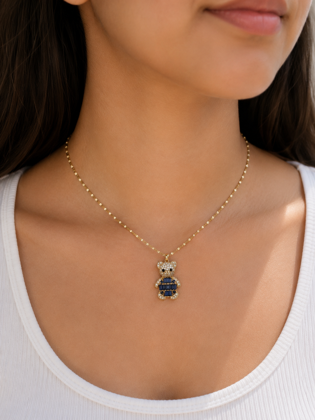 Lunara Crystal Teddy Bear Pendant Necklace Collection – Gold Tone (5 Colors)