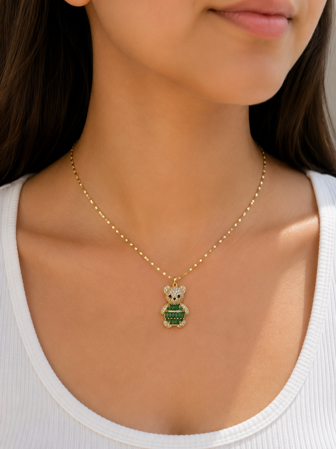 Lunara Crystal Teddy Bear Pendant Necklace Collection – Gold Tone (5 Colors)