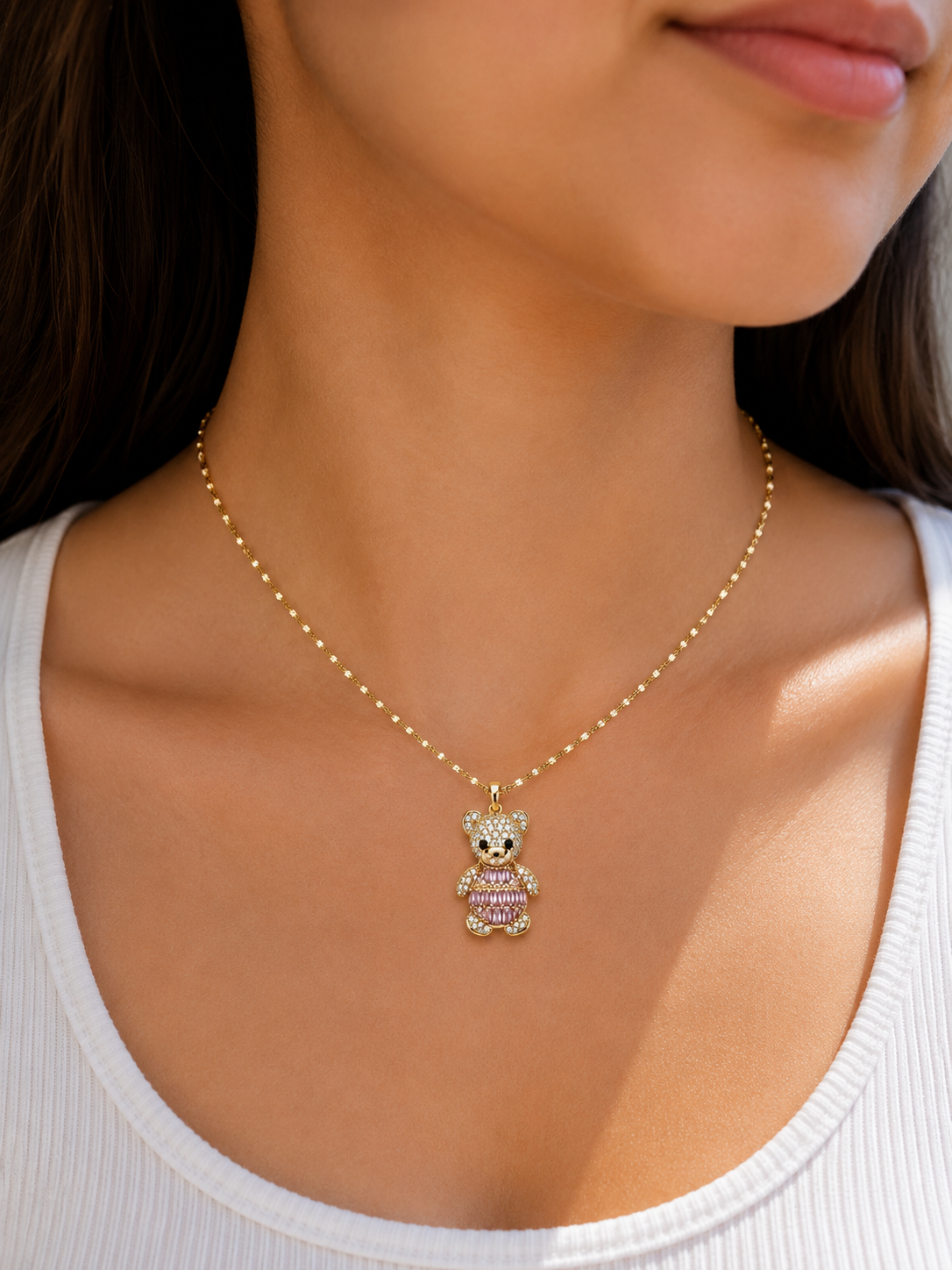 Lunara Crystal Teddy Bear Pendant Necklace Collection – Gold Tone (5 Colors)