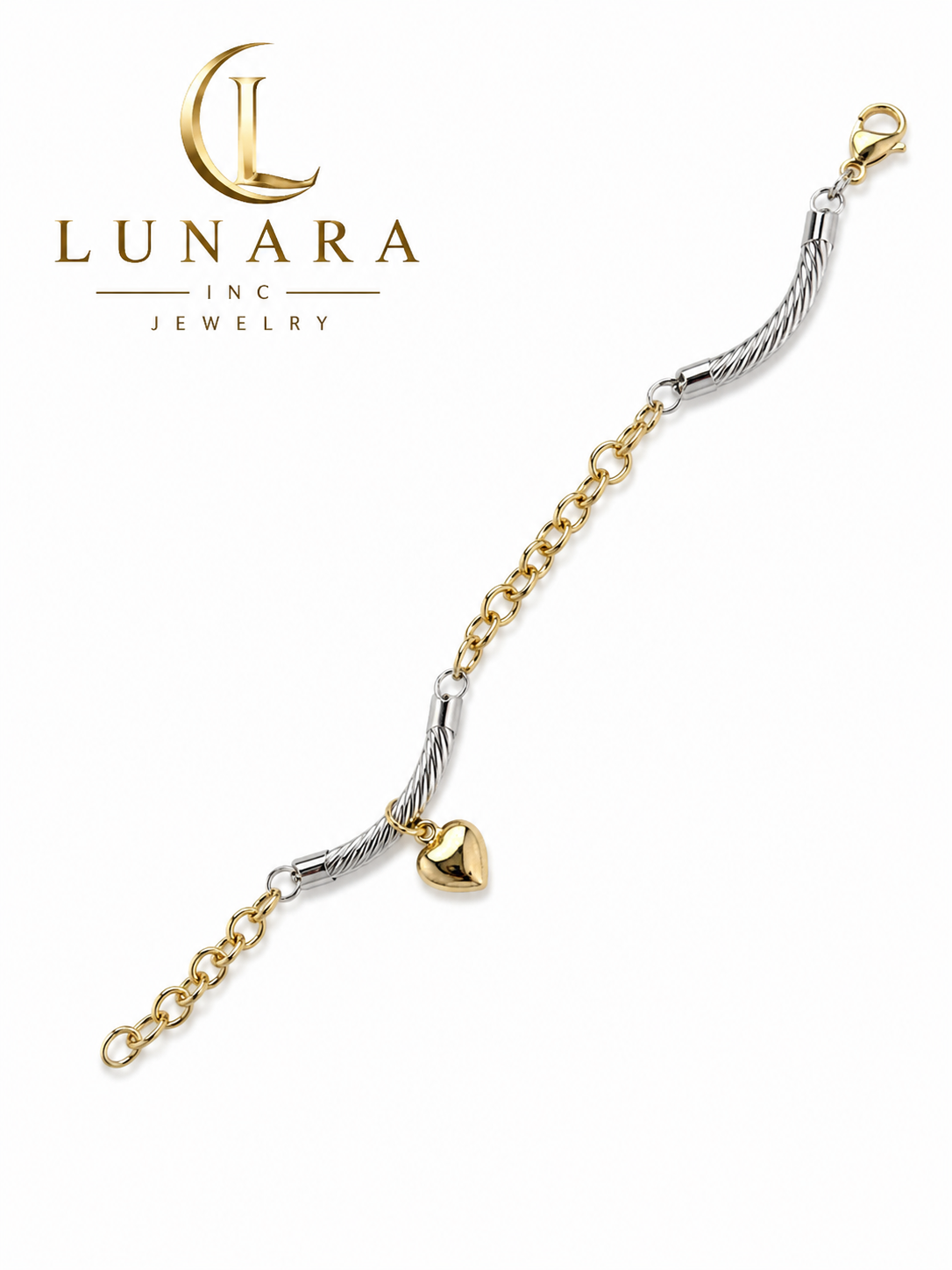 Lunara Two-Tone Cable Heart Bracelet – Gold & Silver