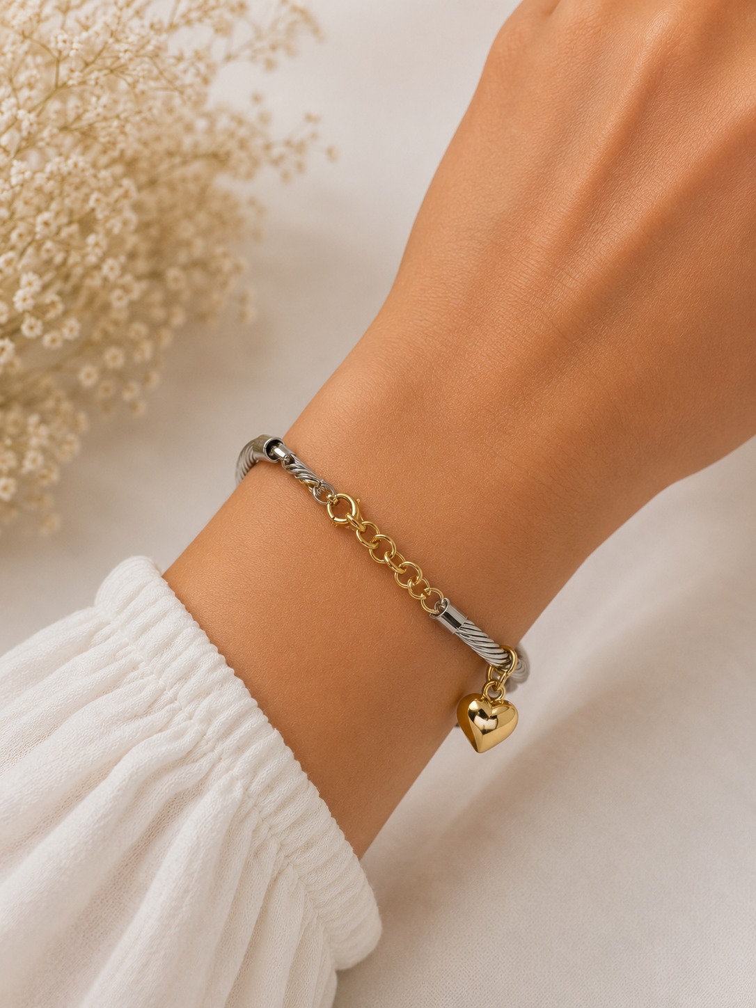 Lunara Two-Tone Cable Heart Bracelet – Gold & Silver