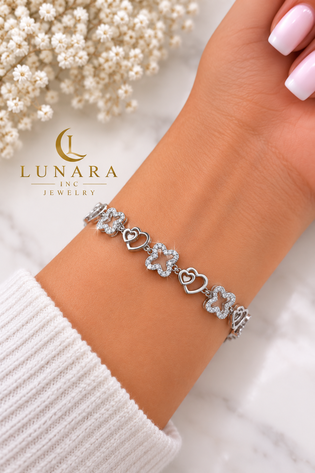 Lunara Silver Heart & Clover Bracelet