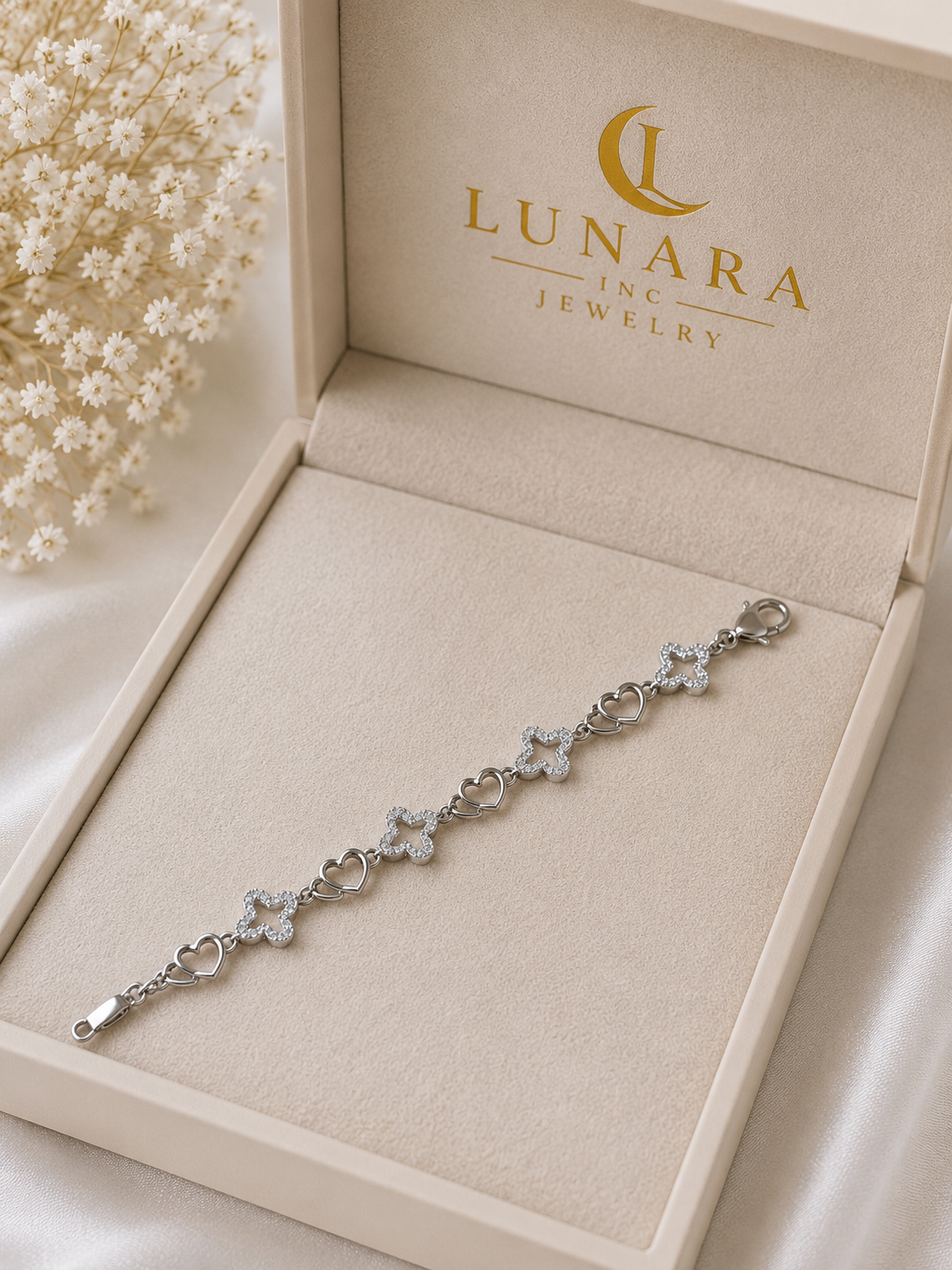 Lunara Silver Heart & Clover Bracelet