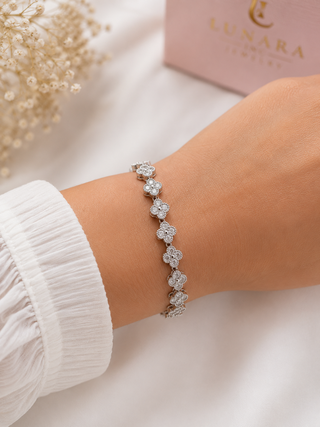 Lunara Crystal Flower Bracelet – Silver Tone