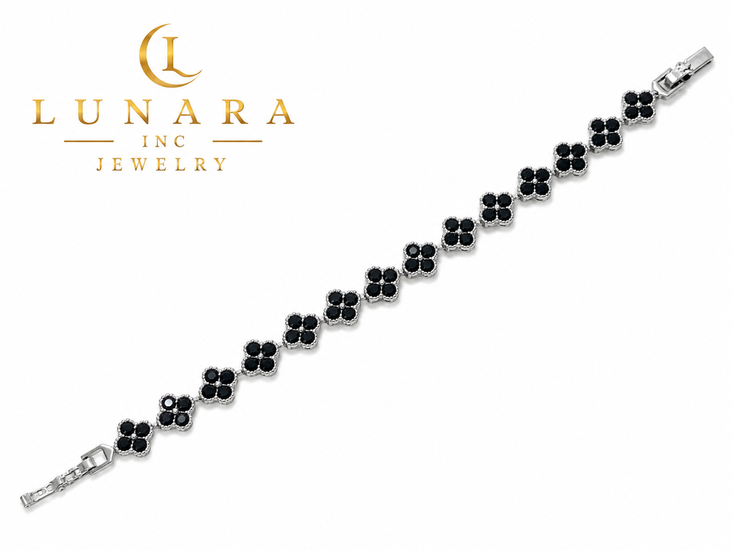 Lunara Black Clover Bracelet – Silver Tone Floral Link Bracelet