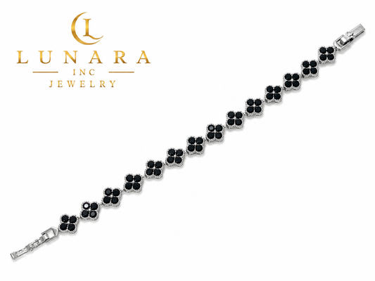 Lunara Black Clover Bracelet – Silver Tone Floral Link Bracelet