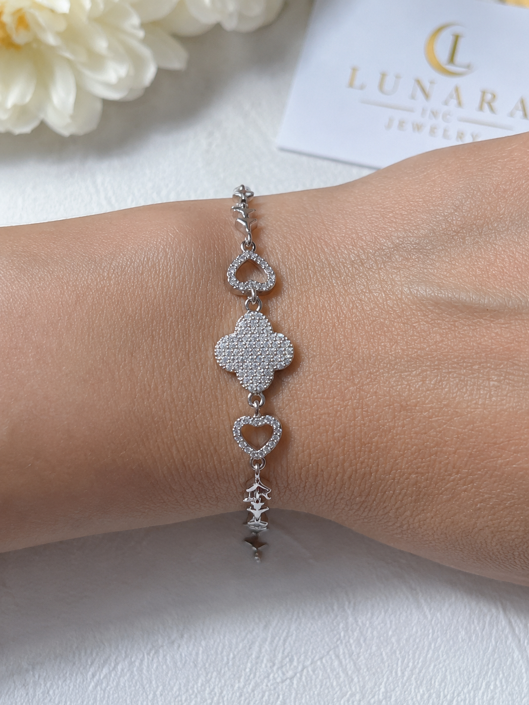 Lunara Crystal Clover & Heart Bracelet – Silver Tone