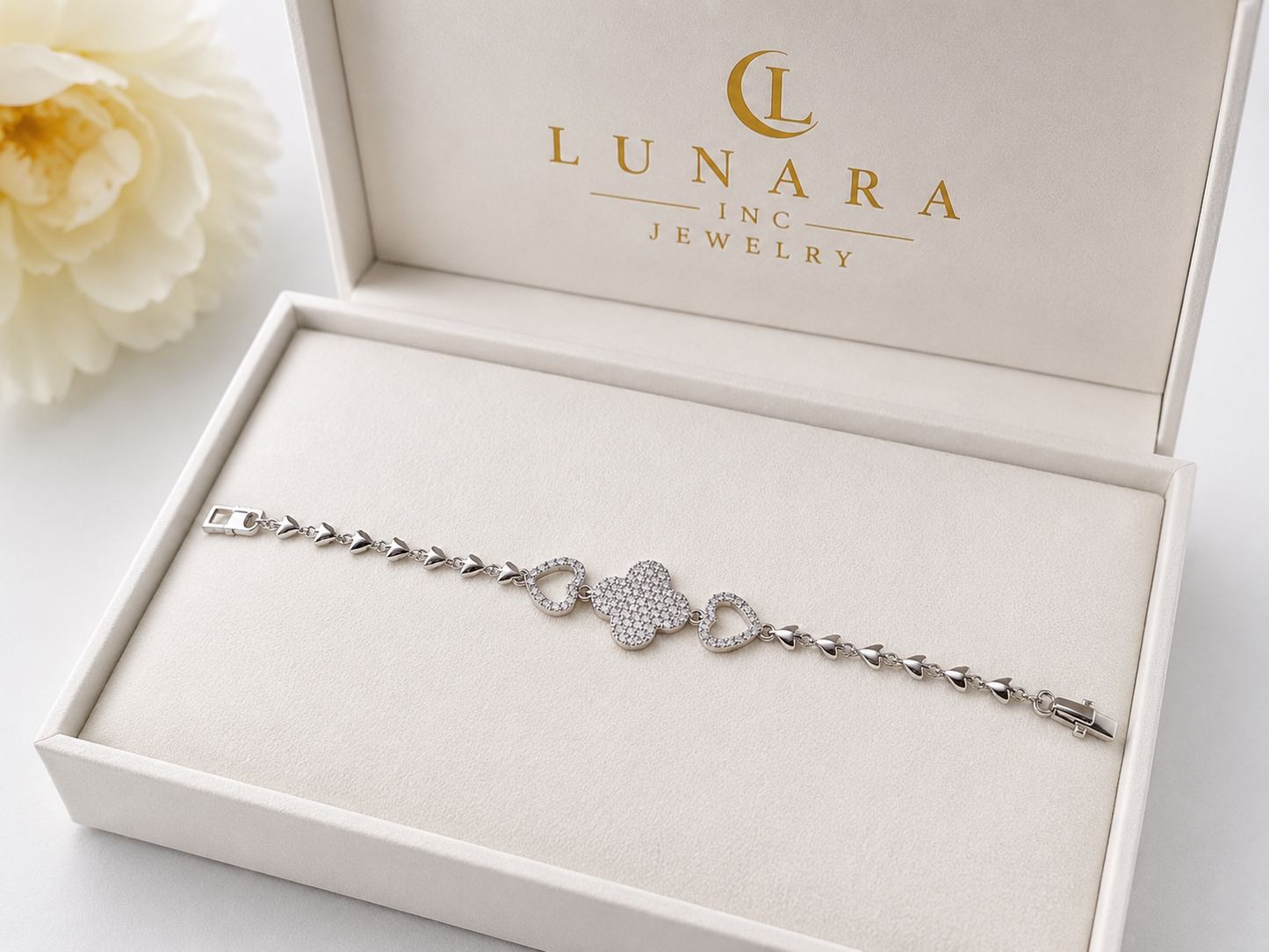 Lunara Crystal Clover & Heart Bracelet – Silver Tone