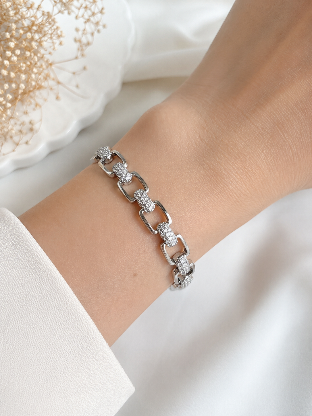 Lunara Silver Paperclip Link Bracelet with Pavé Crystal Links