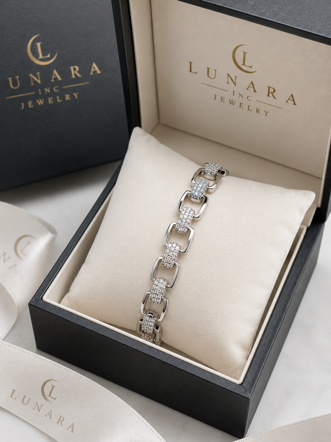 Lunara Silver Paperclip Link Bracelet with Pavé Crystal Links