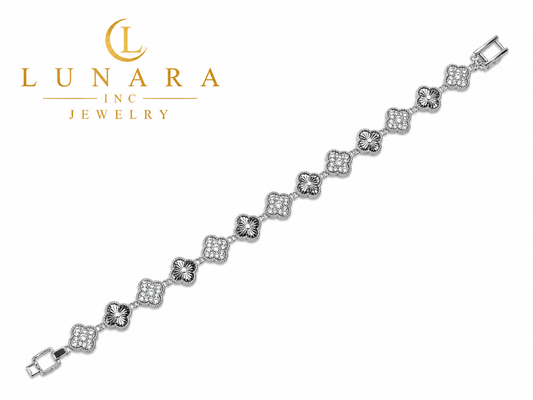 Lunara Clover Crystal Bracelet – Silver Tone Alternating Floral Design