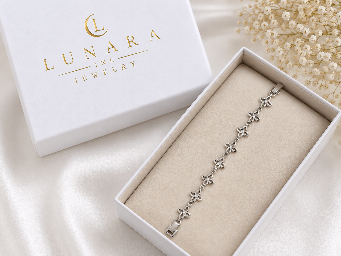 Lunara Silver Floral Link Bracelet – Minimalist Flower Bracelet