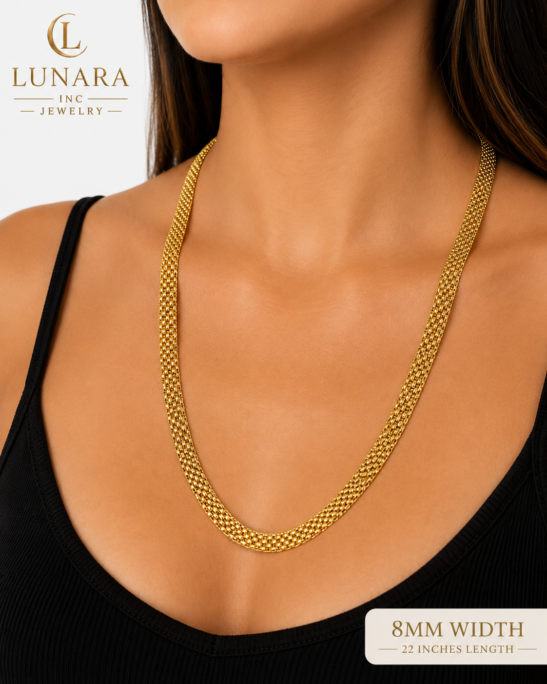 8mm Gold Mesh Necklace – 22” Woven Chain Necklace – Elegant Statement Jewelry