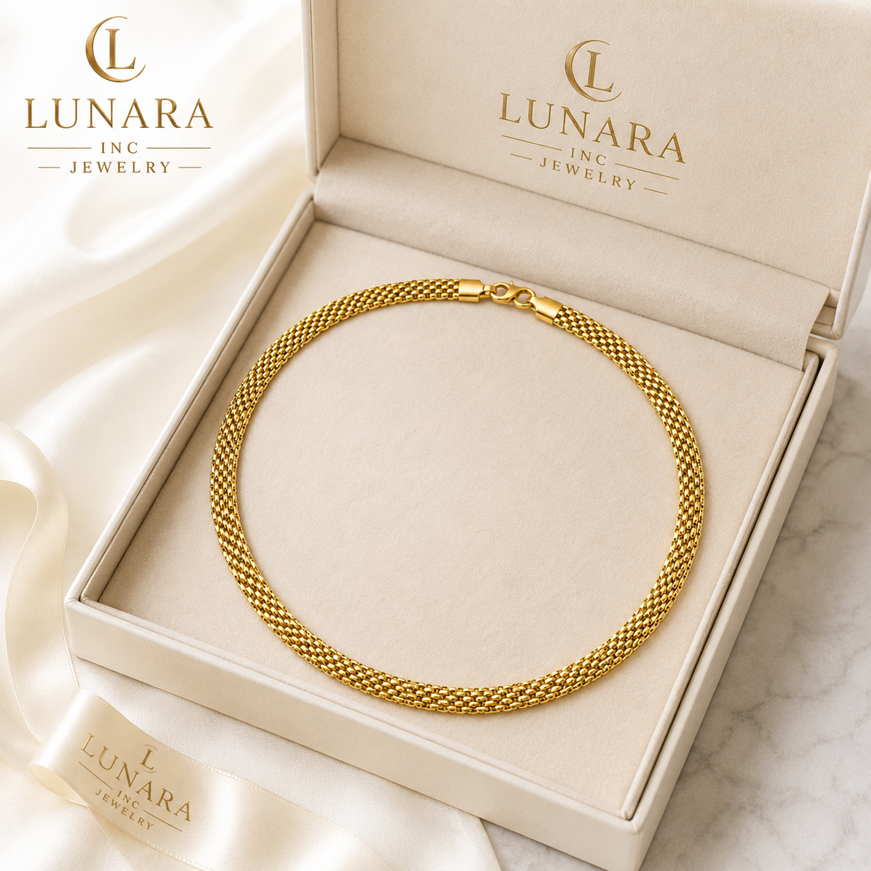 8mm Gold Mesh Necklace – 22” Woven Chain Necklace – Elegant Statement Jewelry