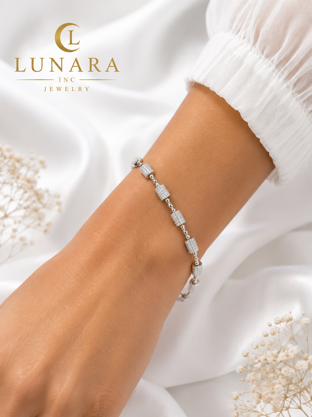 Silver Pavé Barrel Link Bracelet