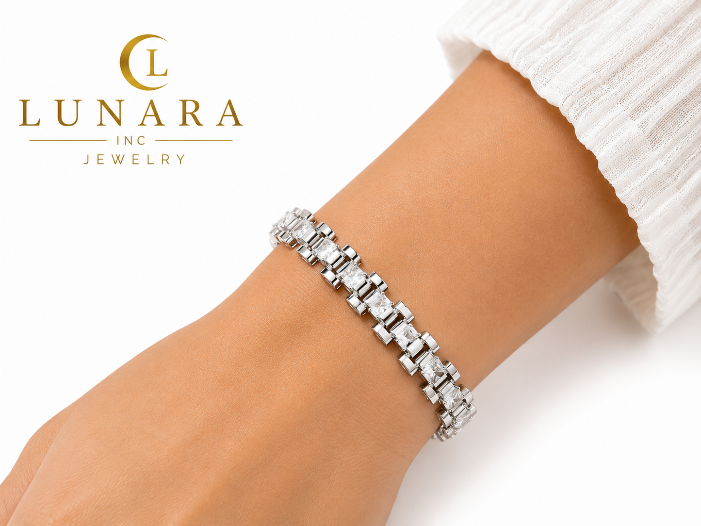 Silver Princess Cut Link Bracelet
