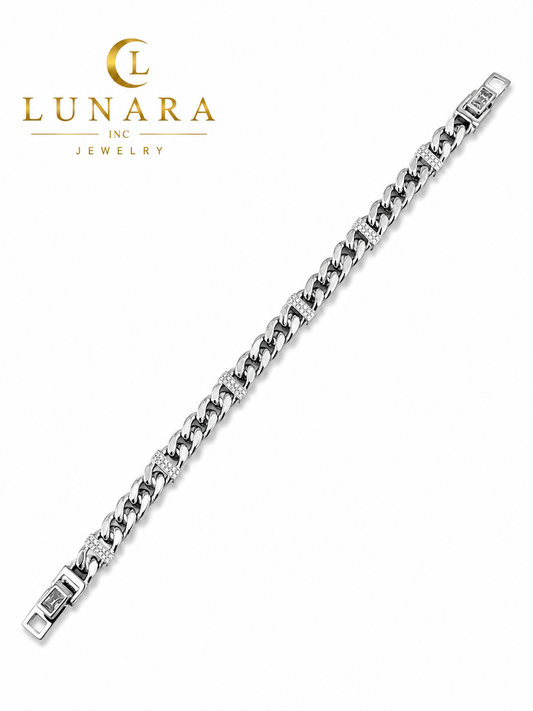 Silver Cuban Link Bracelet with CZ Accents