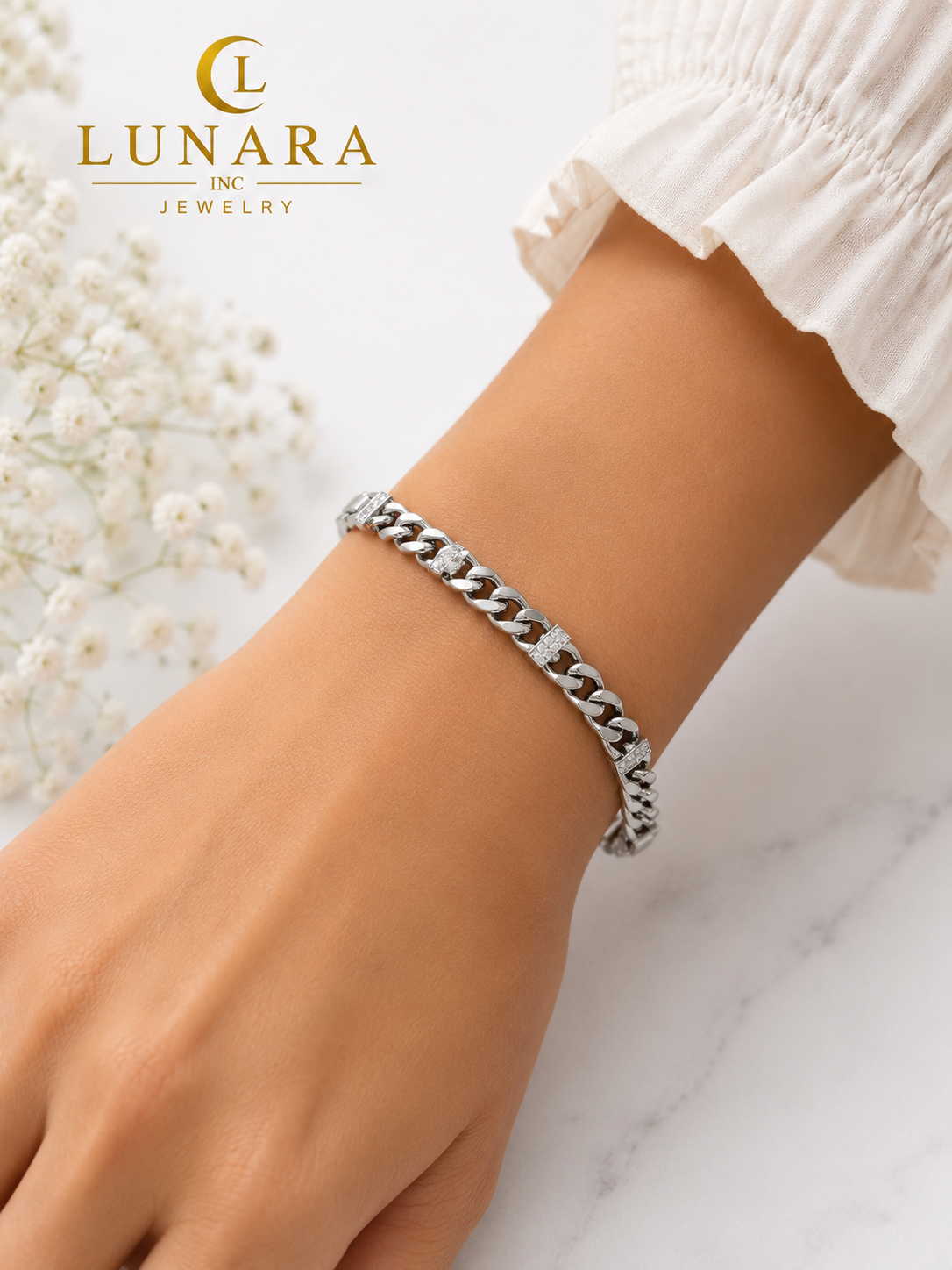 Silver Cuban Link Bracelet with CZ Accents
