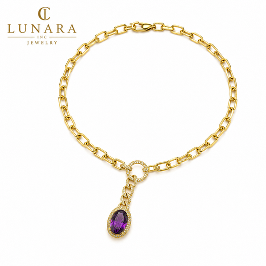 Gold Paperclip Chain Necklace with Purple Crystal Pendant