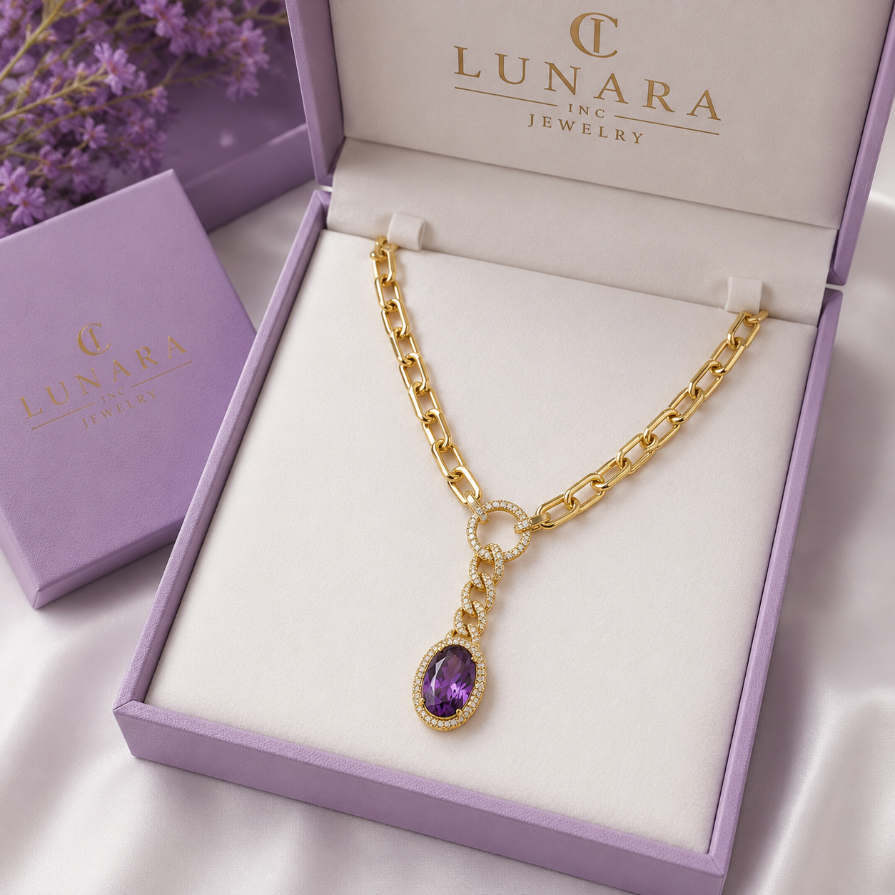 Gold Paperclip Chain Necklace with Purple Crystal Pendant