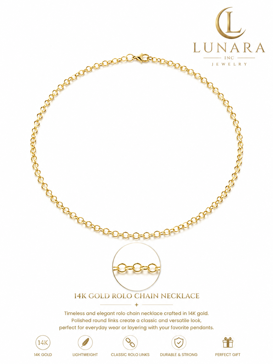 14K Gold Rolo Chain Necklace – Minimalist Round Link Necklace for Women