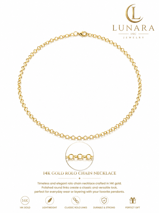 14K Gold Rolo Chain Necklace – Minimalist Round Link Necklace for Women