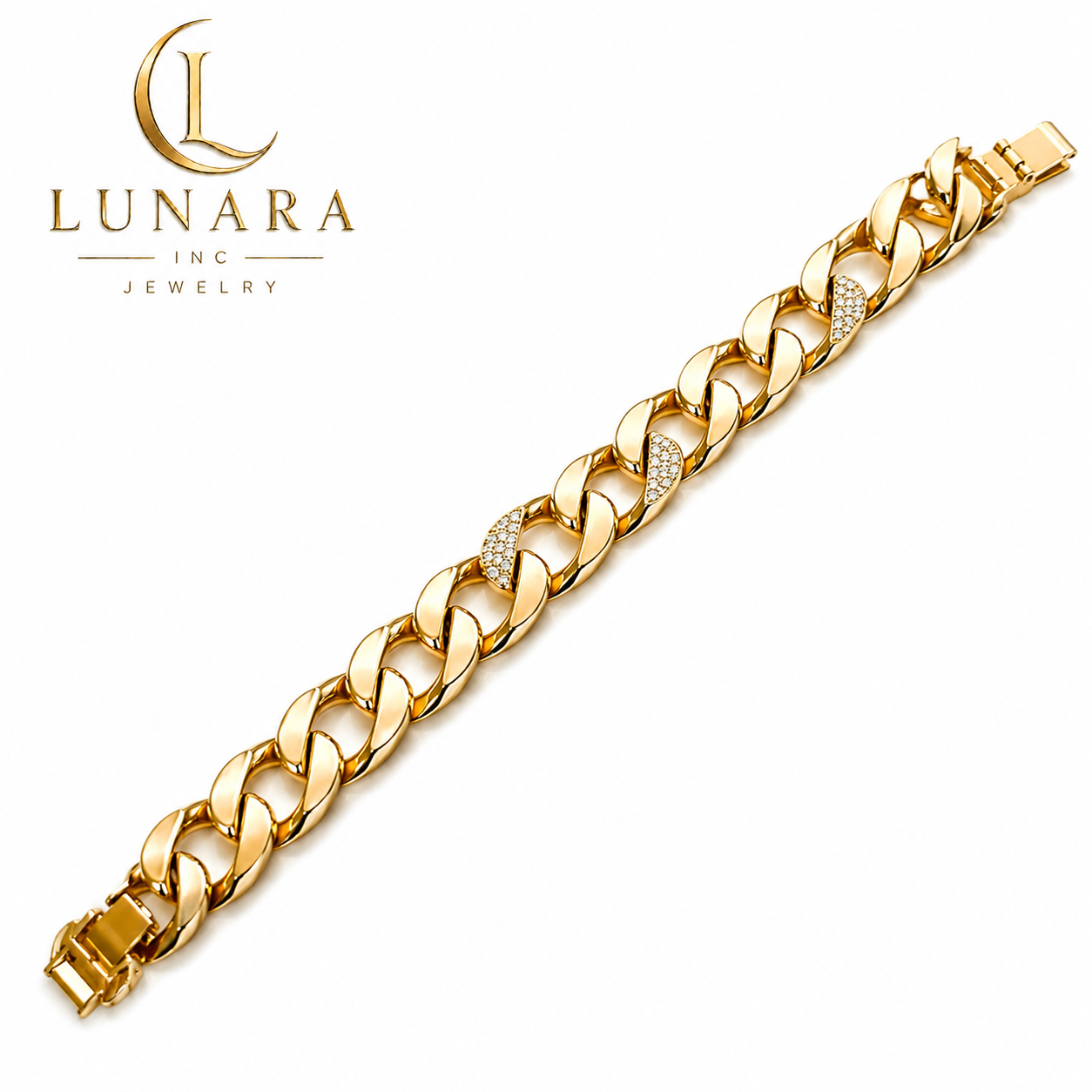 15mm Gold Cuban Link Bracelet with CZ Accents – Luxury Statement Bracelet for Women