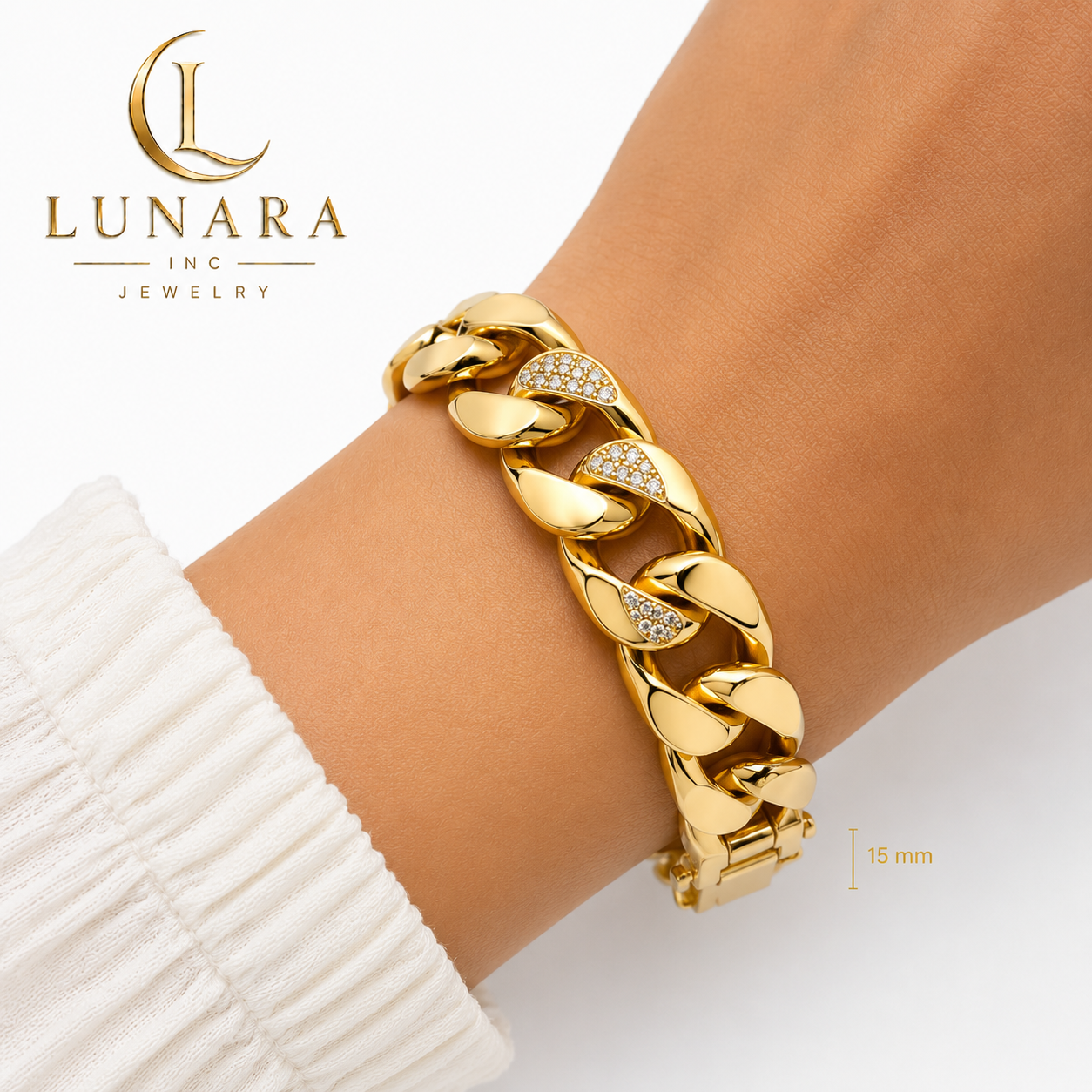 15mm Gold Cuban Link Bracelet with CZ Accents – Luxury Statement Bracelet for Women