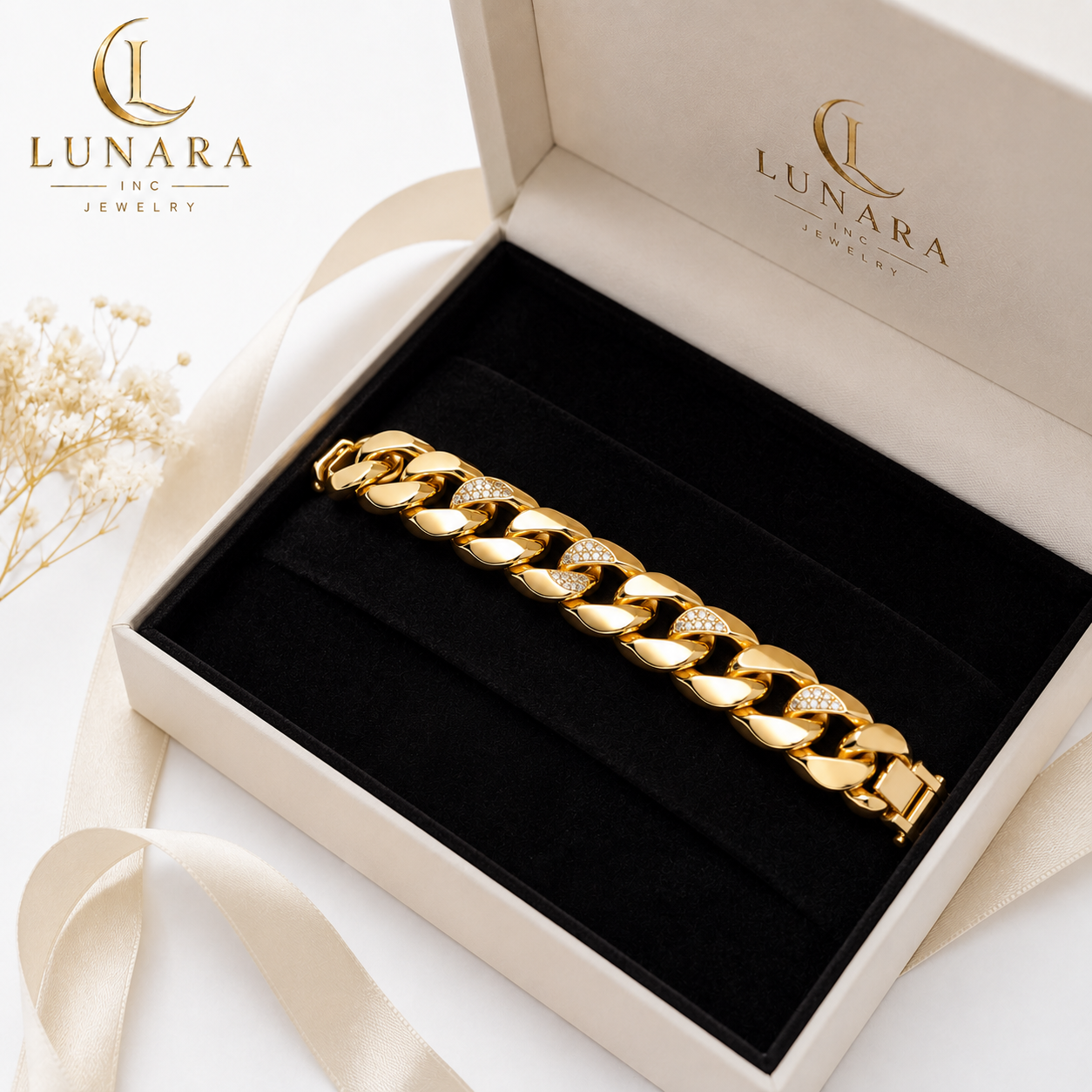 15mm Gold Cuban Link Bracelet with CZ Accents – Luxury Statement Bracelet for Women