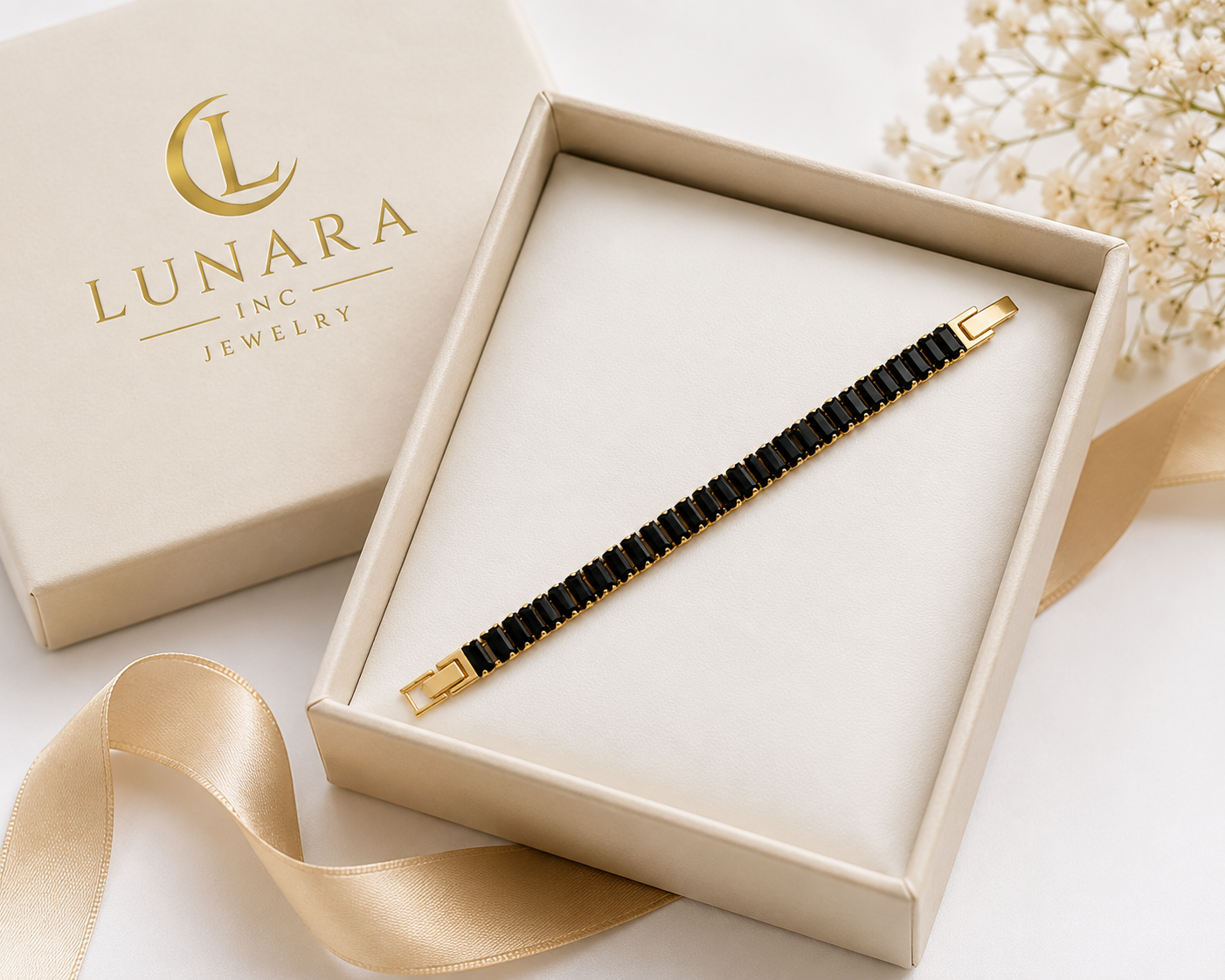 14K Gold Black Tennis Bracelet – Baguette Stone Bracelet for Women